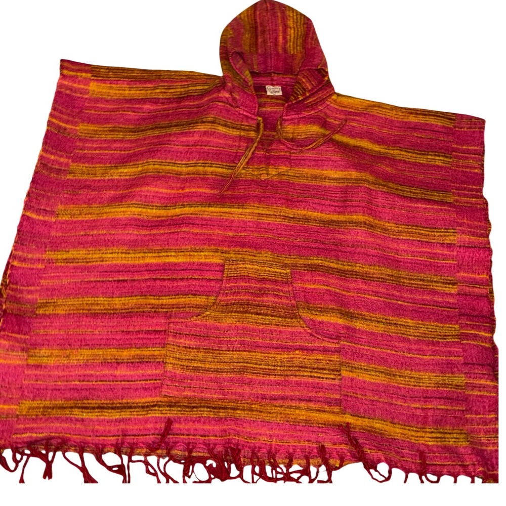 Gypsy Rose Boho‎ Striped Poncho Hoodie Fringe Pink Yellow Orange Casual Hooded